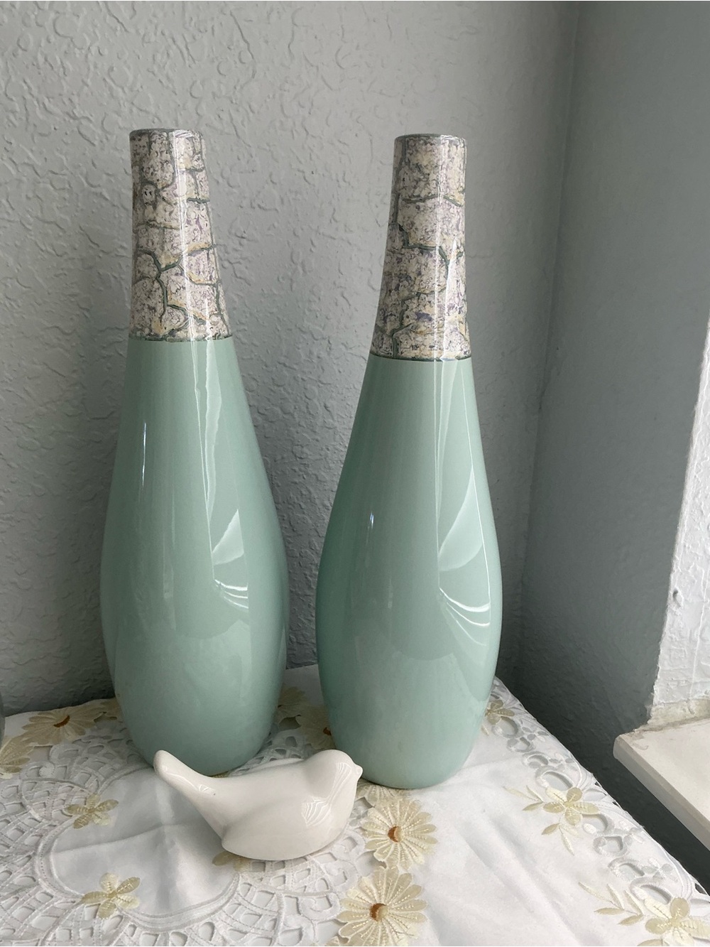 Mint Ceramic Decorative Vases with Textured Cream Neck
